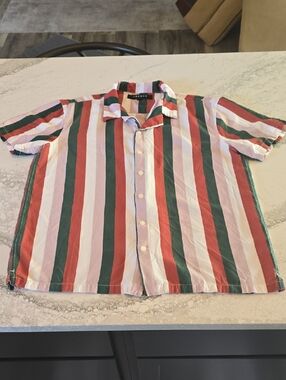 Pacsun Short-Sleeve Vertical Stripe Shirt - Red, Green, White